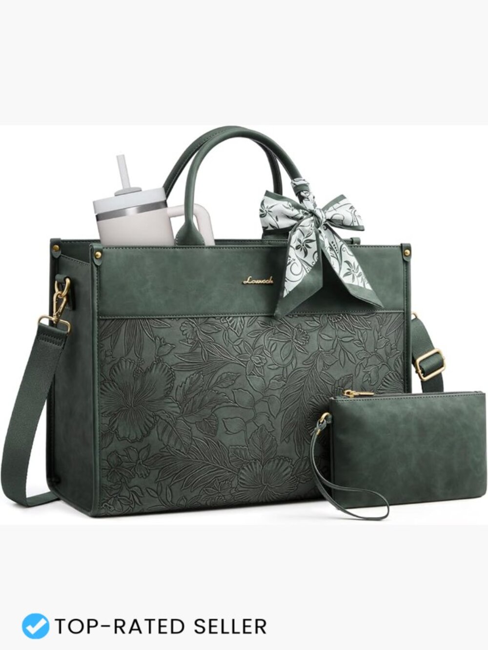 Vintage Laptop Tote Bag Women Work Bag 15.6 Inch Floral Embossed Leather